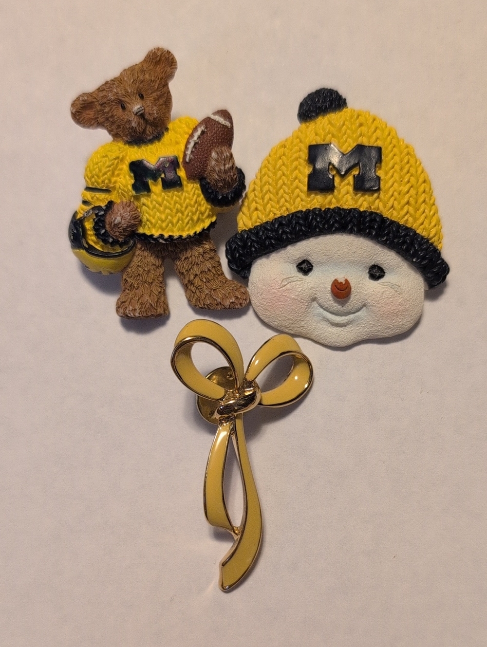 Michigan Bear and Snowman Pin Set + Yellow Bow Brooch
